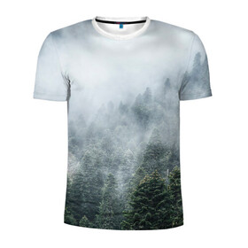 Мужская футболка 3D спортивная с принтом Туманный лес в Санкт-Петербурге, 100% полиэстер с улучшенными характеристиками | приталенный силуэт, круглая горловина, широкие плечи, сужается к линии бедра | белый | зеленый | лес | облака | облако | природа | темный | туман