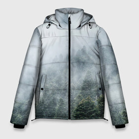 Мужская зимняя куртка 3D с принтом Туманный лес в Санкт-Петербурге, верх — 100% полиэстер; подкладка — 100% полиэстер; утеплитель — 100% полиэстер | длина ниже бедра, свободный силуэт Оверсайз. Есть воротник-стойка, отстегивающийся капюшон и ветрозащитная планка. 

Боковые карманы с листочкой на кнопках и внутренний карман на молнии. | Тематика изображения на принте: белый | зеленый | лес | облака | облако | природа | темный | туман