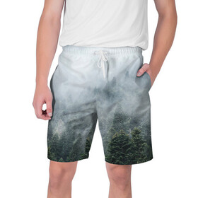 Мужские шорты 3D с принтом Туманный лес в Санкт-Петербурге,  полиэстер 100% | прямой крой, два кармана без застежек по бокам. Мягкая трикотажная резинка на поясе, внутри которой широкие завязки. Длина чуть выше колен | белый | зеленый | лес | облака | облако | природа | темный | туман