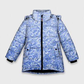 Зимняя куртка для девочек 3D с принтом Волны на голубом фоне в Санкт-Петербурге, ткань верха — 100% полиэстер; подклад — 100% полиэстер, утеплитель — 100% полиэстер. | длина ниже бедра, удлиненная спинка, воротник стойка и отстегивающийся капюшон. Есть боковые карманы с листочкой на кнопках, утяжки по низу изделия и внутренний карман на молнии. 

Предусмотрены светоотражающий принт на спинке, радужный светоотражающий элемент на пуллере молнии и на резинке для утяжки. | textures | абстракция | белый | вода | водный | водяной | волны | дудл | дудлинг | завитки | загогулини | линии | морской | полосы | текстуры | фон
