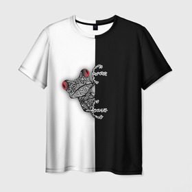 Мужская футболка 3D с принтом Лягуха в Санкт-Петербурге, 100% полиэфир | прямой крой, круглый вырез горловины, длина до линии бедер | арт | белая | большая | всю | геометрия | глаза | голова | граффити | дикие | добрые | животные | зверь | злые | картинка | лого | лягуха | лягушка | на | опасный | пасть | пятна | пятнистая | рисунок