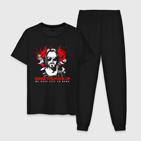 Мужская пижама хлопок с принтом CYBERPUNK 2077 KEANU REEVES в Санкт-Петербурге, 100% хлопок | брюки и футболка прямого кроя, без карманов, на брюках мягкая резинка на поясе и по низу штанин
 | cd project red | cyberpunk 2077 | demon | keanu reeves | samurai | smile | демон | киану ривз | киберпанк 2077 | самураи | смайл