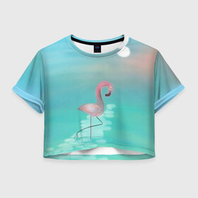 Женская футболка Crop-top 3D с принтом Фламинго в Санкт-Петербурге, 100% полиэстер | круглая горловина, длина футболки до линии талии, рукава с отворотами | арт | гора | графика | дельфин | животные | за | закат | картинка | кит | мной | море | небо | облака | пальма | пара | песок | пляж | побережье | радуга | рисунок | следуй | солнце | сюрреализм | фламинго