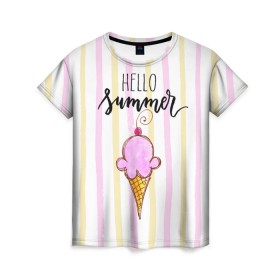 Женская футболка 3D с принтом Мороженка в Санкт-Петербурге, 100% полиэфир ( синтетическое хлопкоподобное полотно) | прямой крой, круглый вырез горловины, длина до линии бедер | doodling | textures | tiles | вишенка | вкусно | дудлинг | лето | мороженное | розовый | сладкий | тайлы | текстуры | фон