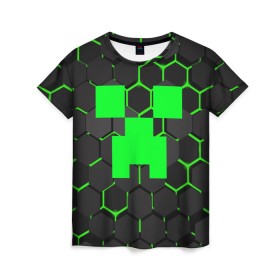 Женская футболка 3D с принтом MINECRAFT CREEPER в Санкт-Петербурге, 100% полиэфир ( синтетическое хлопкоподобное полотно) | прямой крой, круглый вырез горловины, длина до линии бедер | block | creeper | cube | minecraft | pixel | блок | геометрия | крафт | крипер | кубики | майнкрафт | пиксели