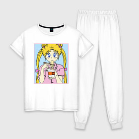 Женская пижама хлопок с принтом Sailor Moon Usagi Tsukino в Санкт-Петербурге, 100% хлопок | брюки и футболка прямого кроя, без карманов, на брюках мягкая резинка на поясе и по низу штанин | anime | kawaii | manga | sailor moon | sailor senshi | usagi tsukino | аниме | воин в матроске | манга | сейлор мун | усаги цукино