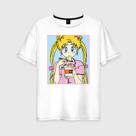 Женская футболка хлопок Oversize с принтом Sailor Moon Usagi Tsukino в Санкт-Петербурге, 100% хлопок | свободный крой, круглый ворот, спущенный рукав, длина до линии бедер
 | anime | kawaii | manga | sailor moon | sailor senshi | usagi tsukino | аниме | воин в матроске | манга | сейлор мун | усаги цукино