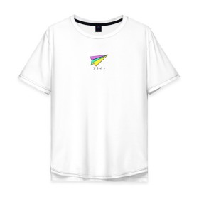 Мужская футболка хлопок Oversize с принтом Бумажный самолетик в Санкт-Петербурге, 100% хлопок | свободный крой, круглый ворот, “спинка” длиннее передней части | бумажный самолёт | иероглифы | надпись на японском | оригами | радуга | самолётик | цветной