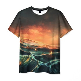 Мужская футболка 3D с принтом Фэнтези море корабли закат в Санкт-Петербурге, 100% полиэфир | прямой крой, круглый вырез горловины, длина до линии бедер | волнение | волны | графика | закат | корабли | море | не сочетаемое | ореховая скорлупа | рассвет | рисунок | свечи | сон | фантастика | фэнтези | шторм