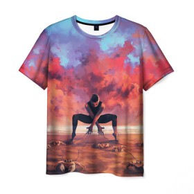 Мужская футболка 3D с принтом Танцовщица крабы закат море в Санкт-Петербурге, 100% полиэфир | прямой крой, круглый вырез горловины, длина до линии бедер | арт | закат | иллюстрация | крабы | море | небо | песок | пляж | рассвет | рисунок | танец | танцовщица | управление