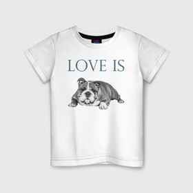 Детская футболка хлопок с принтом Любовь - это бульдог в Санкт-Петербурге, 100% хлопок | круглый вырез горловины, полуприлегающий силуэт, длина до линии бедер | Тематика изображения на принте: английский бульдог | бульдог | дрессировка | забота | любовь | собака | собаки | собачка | собачник | увлечение | хобби