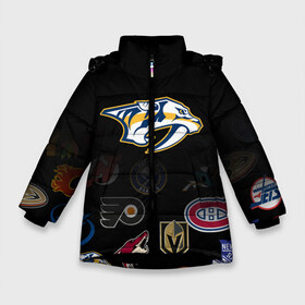 Зимняя куртка для девочек 3D с принтом NHL Nashville Predators (Z) в Санкт-Петербурге, ткань верха — 100% полиэстер; подклад — 100% полиэстер, утеплитель — 100% полиэстер. | длина ниже бедра, удлиненная спинка, воротник стойка и отстегивающийся капюшон. Есть боковые карманы с листочкой на кнопках, утяжки по низу изделия и внутренний карман на молнии. 

Предусмотрены светоотражающий принт на спинке, радужный светоотражающий элемент на пуллере молнии и на резинке для утяжки. | anaheim ducks | arizona coyotes | boston bruins | buffalo sabres | canadiens de montreal | carolina hurricanes | chicago blackhawks | colorado | hockey | nashville predators | nhl | нхл | паттерн | спорт | хоккей
