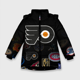Зимняя куртка для девочек 3D с принтом NHL Philadelphia Flyers (Z) в Санкт-Петербурге, ткань верха — 100% полиэстер; подклад — 100% полиэстер, утеплитель — 100% полиэстер. | длина ниже бедра, удлиненная спинка, воротник стойка и отстегивающийся капюшон. Есть боковые карманы с листочкой на кнопках, утяжки по низу изделия и внутренний карман на молнии. 

Предусмотрены светоотражающий принт на спинке, радужный светоотражающий элемент на пуллере молнии и на резинке для утяжки. | anaheim ducks | boston bruins | buffalo sabres | calgary flames | canadiens de montreal | carolina hurricanes | chicago blackhawks | colorado | hockey | nhl | philadelphia flyers | нхл | паттерн | спорт | хоккей