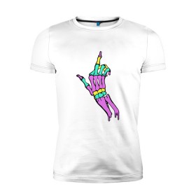 Мужская футболка премиум с принтом Костяной фак в Санкт-Петербурге, 92% хлопок, 8% лайкра | приталенный силуэт, круглый вырез ворота, длина до линии бедра, короткий рукав | жест | кости | радуга | скелет | цветной | череп