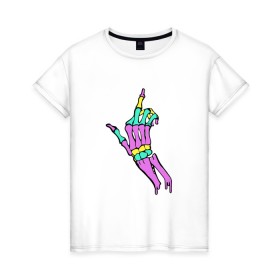 Женская футболка хлопок с принтом Костяной фак в Санкт-Петербурге, 100% хлопок | прямой крой, круглый вырез горловины, длина до линии бедер, слегка спущенное плечо | жест | кости | радуга | скелет | цветной | череп