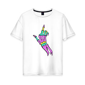 Женская футболка хлопок Oversize с принтом Костяной фак в Санкт-Петербурге, 100% хлопок | свободный крой, круглый ворот, спущенный рукав, длина до линии бедер
 | жест | кости | радуга | скелет | цветной | череп