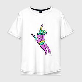 Мужская футболка хлопок Oversize с принтом Костяной фак в Санкт-Петербурге, 100% хлопок | свободный крой, круглый ворот, “спинка” длиннее передней части | жест | кости | радуга | скелет | цветной | череп