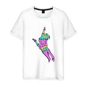 Мужская футболка хлопок с принтом Костяной фак в Санкт-Петербурге, 100% хлопок | прямой крой, круглый вырез горловины, длина до линии бедер, слегка спущенное плечо. | Тематика изображения на принте: жест | кости | радуга | скелет | цветной | череп