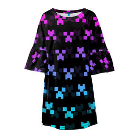 Детское платье 3D с принтом MINECRAFT CREEPER NEON в Санкт-Петербурге, 100% полиэстер | прямой силуэт, чуть расширенный к низу. Круглая горловина, на рукавах — воланы | block | creeper | cube | minecraft | neon | pixel | блок | геометрия | крафт | крипер | кубики | майнкрафт | неон | пиксели