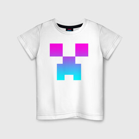 Детская футболка хлопок с принтом MINECRAFT CREEPER NEON в Санкт-Петербурге, 100% хлопок | круглый вырез горловины, полуприлегающий силуэт, длина до линии бедер | block | creeper | cube | minecraft | pixel | блок | геометрия | крафт | крипер | кубики | майнкрафт | пиксели