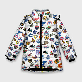 Зимняя куртка для девочек 3D с принтом NHL PATTERN (Z) в Санкт-Петербурге, ткань верха — 100% полиэстер; подклад — 100% полиэстер, утеплитель — 100% полиэстер. | длина ниже бедра, удлиненная спинка, воротник стойка и отстегивающийся капюшон. Есть боковые карманы с листочкой на кнопках, утяжки по низу изделия и внутренний карман на молнии. 

Предусмотрены светоотражающий принт на спинке, радужный светоотражающий элемент на пуллере молнии и на резинке для утяжки. | anaheim ducks | arizona coyotes | boston bruins | buffalo sabres | calgary flames | canadiens de montreal | carolina hurricanes | chicago blackhawks | colorado | hockey | nhl | нхл | паттерн | спорт | хоккей