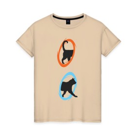 Женская футболка хлопок с принтом Portal Cat в Санкт-Петербурге, 100% хлопок | прямой крой, круглый вырез горловины, длина до линии бедер, слегка спущенное плечо | cats | portal the game | арт | животные | картинка | кот | коты | кошка | портал | порталы | рисунок