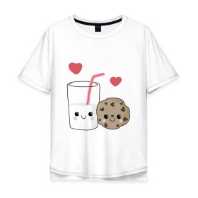 Мужская футболка хлопок Oversize с принтом Milk and Cookies Love в Санкт-Петербурге, 100% хлопок | свободный крой, круглый ворот, “спинка” длиннее передней части | Тематика изображения на принте: coockie | friend | minimalism | дружба | любовь | минимализм | молоко | печенье | печенька | печеньки