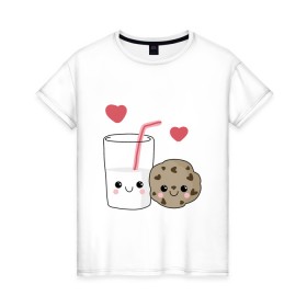 Женская футболка хлопок с принтом Milk and Cookies Love в Санкт-Петербурге, 100% хлопок | прямой крой, круглый вырез горловины, длина до линии бедер, слегка спущенное плечо | coockie | friend | minimalism | дружба | любовь | минимализм | молоко | печенье | печенька | печеньки