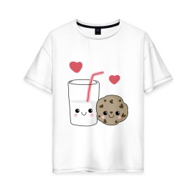 Женская футболка хлопок Oversize с принтом Milk and Cookies Love в Санкт-Петербурге, 100% хлопок | свободный крой, круглый ворот, спущенный рукав, длина до линии бедер
 | Тематика изображения на принте: coockie | friend | minimalism | дружба | любовь | минимализм | молоко | печенье | печенька | печеньки