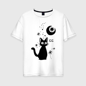 Женская футболка хлопок Oversize с принтом Jiji Cat в Санкт-Петербурге, 100% хлопок | свободный крой, круглый ворот, спущенный рукав, длина до линии бедер
 | cat | jiji | kitty | аниме | ведьма | гибли | джиджи | животные | кот | котенок | кошка | миядзаки | мульт | мультфильм | тоторо