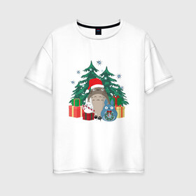 Женская футболка хлопок Oversize с принтом New Year Totoro в Санкт-Петербурге, 100% хлопок | свободный крой, круглый ворот, спущенный рукав, длина до линии бедер
 | forest | ghibli | japan | miyazaki | nature | neigbor | neighbour | new | totoro | анимация | аниме | гибли | друг | животные | лес | любовь | милый | мир | миядзаки | мульт | мультфильм | новый год | приключения | природа | сказка | сосед 