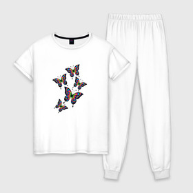 Женская пижама хлопок с принтом Радужные бабочки в Санкт-Петербурге, 100% хлопок | брюки и футболка прямого кроя, без карманов, на брюках мягкая резинка на поясе и по низу штанин | ангел | бабочка | бабочки | весна | девочкам | девушке | крылья | лето | любовь | милый | насекомые | нежный | неоновый | подарок | природа | радужный | романтика | солнечный | цветочки