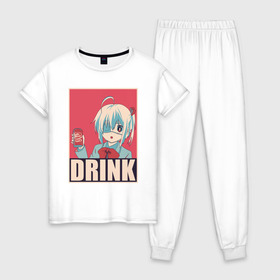 Женская пижама хлопок с принтом DRINK в Санкт-Петербурге, 100% хлопок | брюки и футболка прямого кроя, без карманов, на брюках мягкая резинка на поясе и по низу штанин | Тематика изображения на принте: anime | chuunibyou | cute | demo | drink | eye | ga | girl | hope | kawai | kawaii | koi | manga | rikka | takanashi | wicked | аниме | бант | гл | глаз | грешный | девочка | злой | любви | манга | на | надпись | не | пить | плакат | п