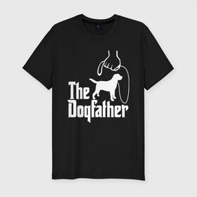 Мужская футболка хлопок Slim с принтом The Dogfather - пародия в Санкт-Петербурге, 92% хлопок, 8% лайкра | приталенный силуэт, круглый вырез ворота, длина до линии бедра, короткий рукав | Тематика изображения на принте: godfather | крестный отец | лабрадор | ретривер | собака | собачник | хобби