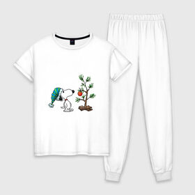 Женская пижама хлопок с принтом Снупи и ёлка в Санкт-Петербурге, 100% хлопок | брюки и футболка прямого кроя, без карманов, на брюках мягкая резинка на поясе и по низу штанин | 