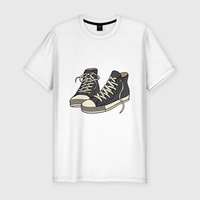 Мужская футболка хлопок Slim с принтом Кроссовки в Санкт-Петербурге, 92% хлопок, 8% лайкра | приталенный силуэт, круглый вырез ворота, длина до линии бедра, короткий рукав | арт | бабочка | белый | кроссовки | лето | обувь | темный | узел | черный | шнурки
