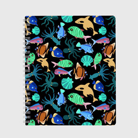 Тетрадь с принтом Summer в Санкт-Петербурге, 100% бумага | 48 листов, плотность листов — 60 г/м2, плотность картонной обложки — 250 г/м2. Листы скреплены сбоку удобной пружинной спиралью. Уголки страниц и обложки скругленные. Цвет линий — светло-серый
 | Тематика изображения на принте: color | design | fashion | fish | paint | shell | squid | summer | vanguard | авангард | дизайн | кальмар | краска | лето | мода | ракушка | рыба | цвет