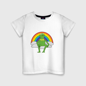 Детская футболка хлопок с принтом Лягушонок Кермит в Санкт-Петербурге, 100% хлопок | круглый вырез горловины, полуприлегающий силуэт, длина до линии бедер | rainbow | герой | животные | зелёный | кермит | лягушка | мультик | мультфильм | персонаж | радуга | улица сезам | цветной