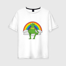 Женская футболка хлопок Oversize с принтом Лягушонок Кермит в Санкт-Петербурге, 100% хлопок | свободный крой, круглый ворот, спущенный рукав, длина до линии бедер
 | rainbow | герой | животные | зелёный | кермит | лягушка | мультик | мультфильм | персонаж | радуга | улица сезам | цветной