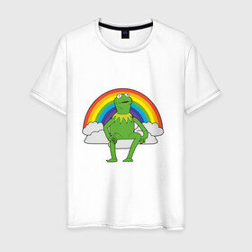 Мужская футболка хлопок с принтом Лягушонок Кермит в Санкт-Петербурге, 100% хлопок | прямой крой, круглый вырез горловины, длина до линии бедер, слегка спущенное плечо. | Тематика изображения на принте: rainbow | герой | животные | зелёный | кермит | лягушка | мультик | мультфильм | персонаж | радуга | улица сезам | цветной