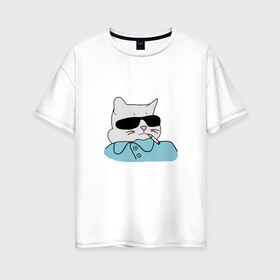 Женская футболка хлопок Oversize с принтом Крутой кот в Санкт-Петербурге, 100% хлопок | свободный крой, круглый ворот, спущенный рукав, длина до линии бедер
 | mem | арт | животные | картинка | кот в очках | котик | кошка | мем | прикол | рисунок | смешной кот
