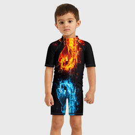 Детский купальный костюм 3D с принтом Огонь и Вода (противостояние) в Санкт-Петербурге, Полиэстер 85%, Спандекс 15% | застежка на молнии на спине | dark | битва | битваогней | бокс | борьба | брызги | вода | волна | дракон | иньянь | искры | крутой | лед | мужчинам | неоновый | огненный | огонь | пламенный | пламя | притяжение | против