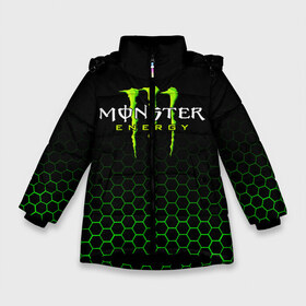 Зимняя куртка для девочек 3D с принтом MONSTER ENERGY в Санкт-Петербурге, ткань верха — 100% полиэстер; подклад — 100% полиэстер, утеплитель — 100% полиэстер. | длина ниже бедра, удлиненная спинка, воротник стойка и отстегивающийся капюшон. Есть боковые карманы с листочкой на кнопках, утяжки по низу изделия и внутренний карман на молнии. 

Предусмотрены светоотражающий принт на спинке, радужный светоотражающий элемент на пуллере молнии и на резинке для утяжки. | black monster | bmx | claw | cybersport | energy | monster | monster energy | moto | motocross | race | sport | киберспорт | когти | монстер энерджи | монстр | мото | мотокросс | ралли | скейтбординг | спорт | энергия