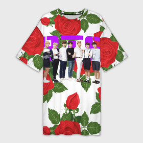 Платье-футболка 3D с принтом BTS Roses | White в Санкт-Петербурге,  |  | bangtan boys | bt21 | bts | bts army | j hope | jimin | jin | jungkook | k pop | korea | korean | pink bts | rap monster | rapmon | suga | v | бтс | кей | корейские | корея | кэй | музыканты | поп | розовая | стикеры