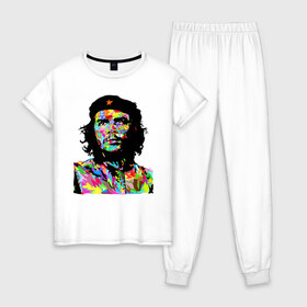 Женская пижама хлопок с принтом Che в Санкт-Петербурге, 100% хлопок | брюки и футболка прямого кроя, без карманов, на брюках мягкая резинка на поясе и по низу штанин | argentina | che guevara | color | cuba | paint | revolutionary | аргентина | краска | куба | революционер | цвет | че гевара