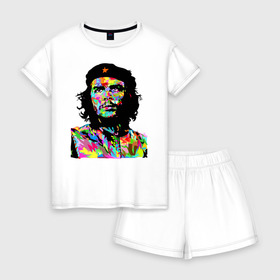 Женская пижама с шортиками хлопок с принтом Che в Санкт-Петербурге, 100% хлопок | футболка прямого кроя, шорты свободные с широкой мягкой резинкой | argentina | che guevara | color | cuba | paint | revolutionary | аргентина | краска | куба | революционер | цвет | че гевара