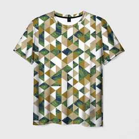 Мужская футболка 3D с принтом Хипстерские треугольники в Санкт-Петербурге, 100% полиэфир | прямой крой, круглый вырез горловины, длина до линии бедер | hawaii | hipster | pattern | summer | гаваи | гавайи | гавайская | летняя | лето | листы | листья | модная | отдых | отпуск | пальмы | паттерн | текстура | треугольники | хипстер | яркая