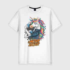 Мужская футболка премиум с принтом Unicorn Rocker в Санкт-Петербурге, 92% хлопок, 8% лайкра | приталенный силуэт, круглый вырез ворота, длина до линии бедра, короткий рукав | art | rock | rocker | unicorn | арт | единорог | животные | картинка | рисунок | рок | рокер