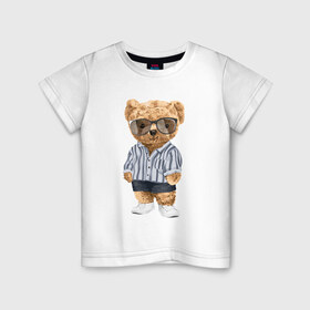 Детская футболка хлопок с принтом Модный плюшевый медведь в Санкт-Петербурге, 100% хлопок | круглый вырез горловины, полуприлегающий силуэт, длина до линии бедер | Тематика изображения на принте: арт | животные | игрушка | картинка | крутой медведь | медведь | медвежонок | мишка | мода | модный медведь | плюшевый | плюшевый медведь | рисунок