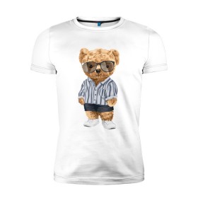 Мужская футболка премиум с принтом Модный плюшевый медведь в Санкт-Петербурге, 92% хлопок, 8% лайкра | приталенный силуэт, круглый вырез ворота, длина до линии бедра, короткий рукав | арт | животные | игрушка | картинка | крутой медведь | медведь | медвежонок | мишка | мода | модный медведь | плюшевый | плюшевый медведь | рисунок